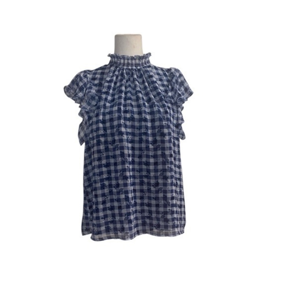 STATE Blue and White Ruffled Cap Sleeve Blouse